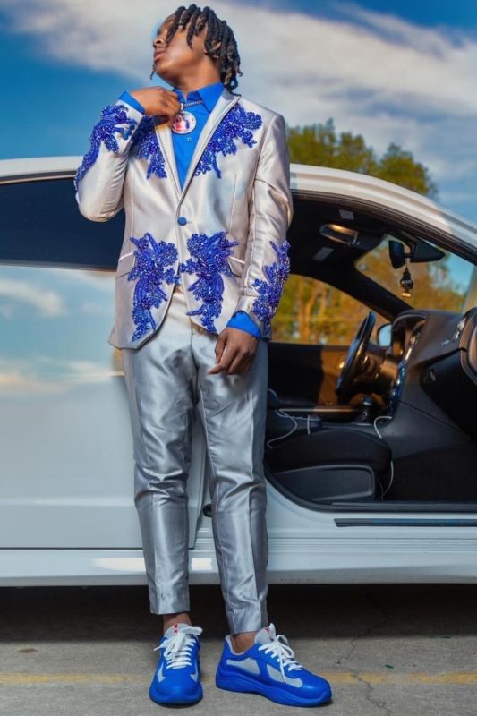 Ian Stylish Silver Satin Shawl Lapel One Button Prom Suits With Beading