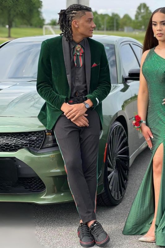 Geoff Chic Dark Green Velvet Prom Suits With Satin Lapel