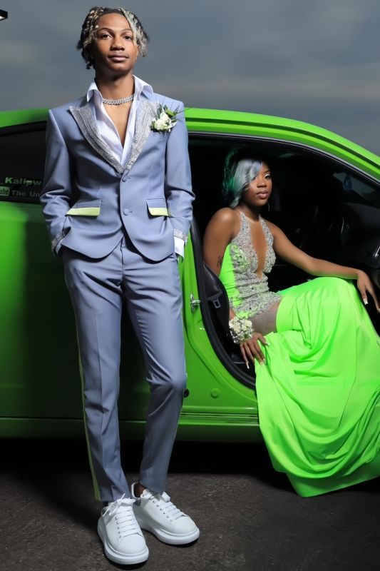 Godfery Stylish Blue Two Buttons Peaked Lapel Prom Suits With Beading