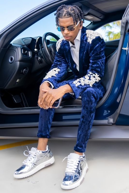 Eugene Fancy Dark Blue Velvet Notched Lapel Beading Prom Suits