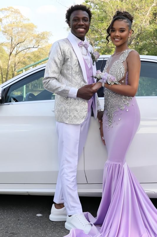 Geoffrey Handsome Silver Jacquard Shawl Lapel Prom Suits