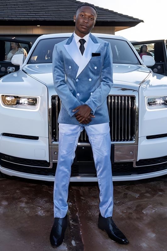 Gerard Modern Blue Velvet Peaked Lapel Double Breasted Prom Suits