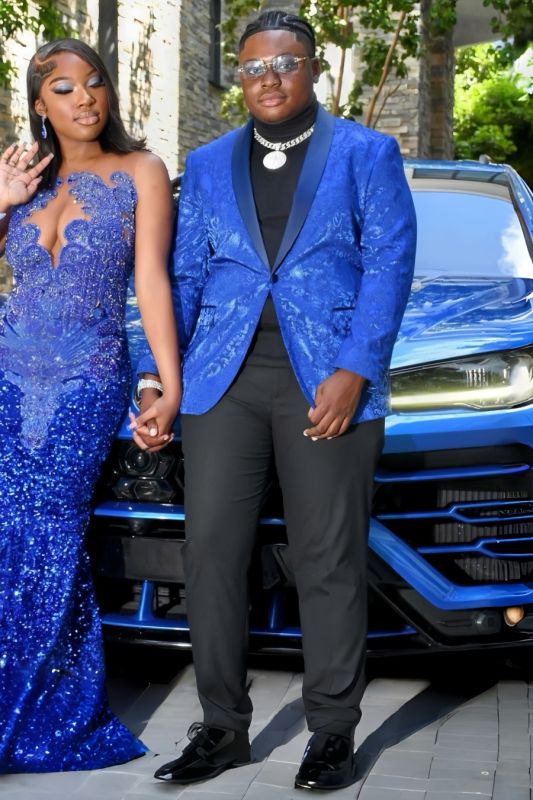 Florian Handsome Blue Jacquard One Button Prom Suits With Satin Lapel