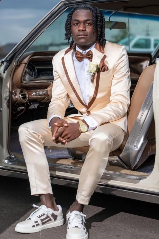 Hobart Generous Champagne Notched Lapel Satin Prom Suits With Brown Binding
