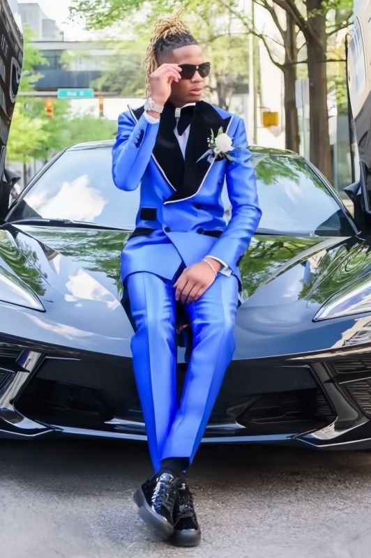 Howar Chic Royal Blue Satin Double Breasted Prom Suits With Velvet Peaked Lapel