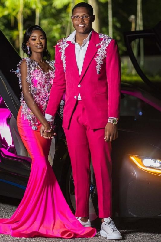 Hugh Stylish Magenta Notched Lapel Appliques Prom Suits