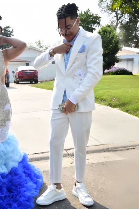 Flax Fashion White Notched Lapel One Button Beading Prom Suits