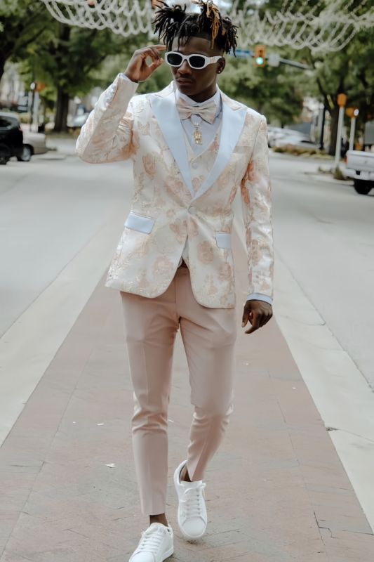 Greg Bespoke Apricot Jacquard Peaked Lapel Three Pieces Prom Suits