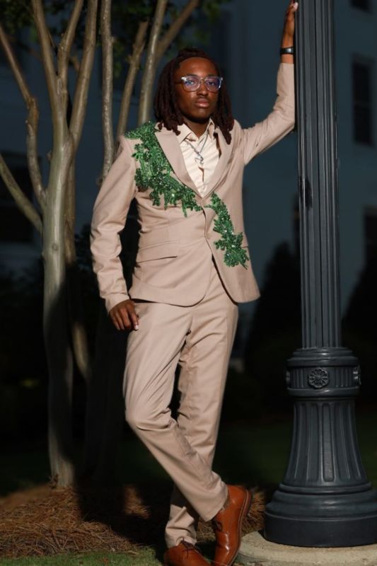 Hogan Bespoke Khaki Notched Lapel Prom Suits With Beading