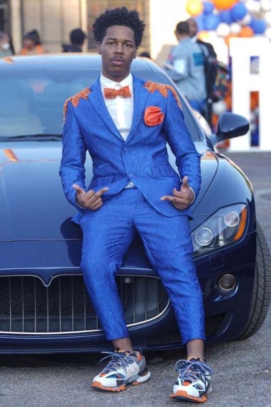 Eric Handsome Blue Notched Lapel Beading Prom Suits