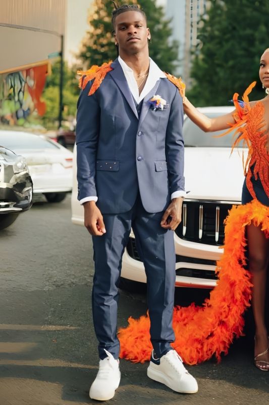 Giles Stylish Dusty Blue Notched Lapel Three Pieces Prom Suits With Beading