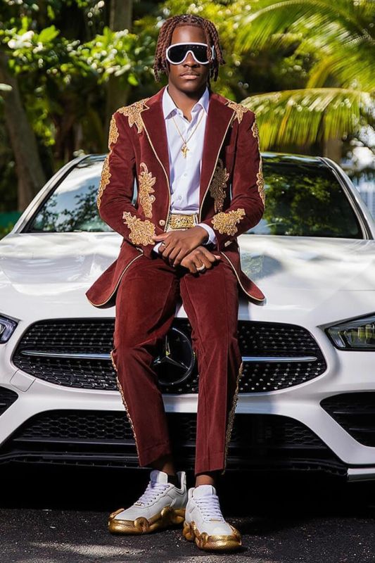 Hyman Handsome Reddish Brown Velvet Notched Lapel Beading Prom Suits