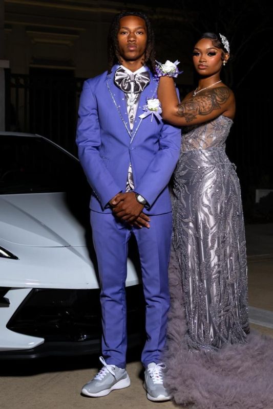 Julius Handsome Blue Notched Lapel One Button Prom Suits With Rhinestones