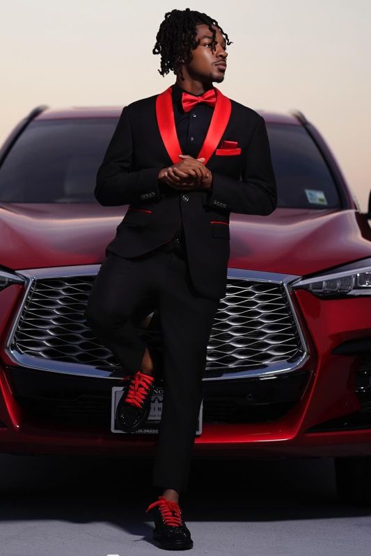 Kent Gentle Black Two Buttons Prom Suits With Red Shawl Lapel