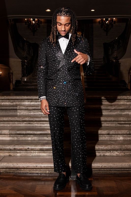 Jacob Black Peaked Lapel Shinning Rhinestones Double Breasted Prom Suits