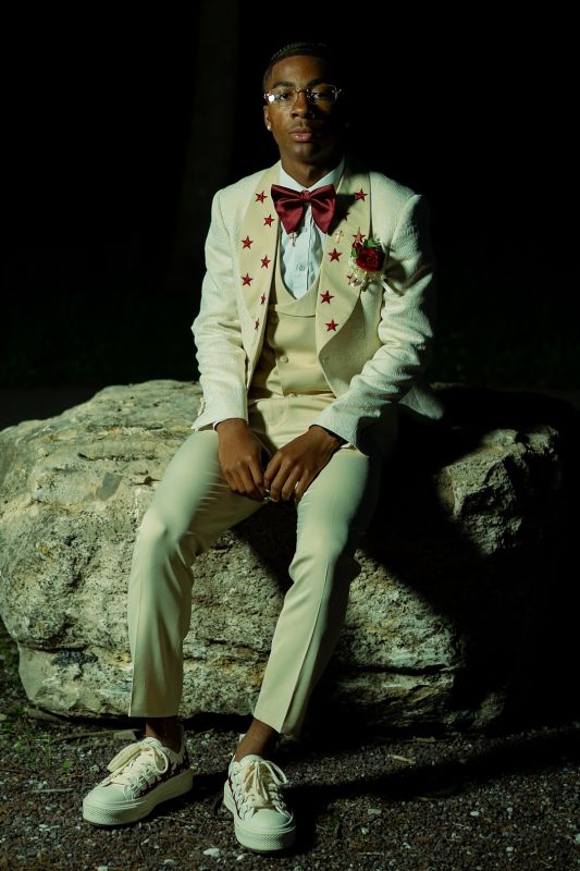 Jack Stylish Light Green Jacquard Three Pieces Prom Suits With Star Appliques