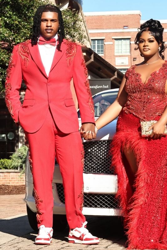 James Chic Red Notched Lapel Prom Suits With Red Beading