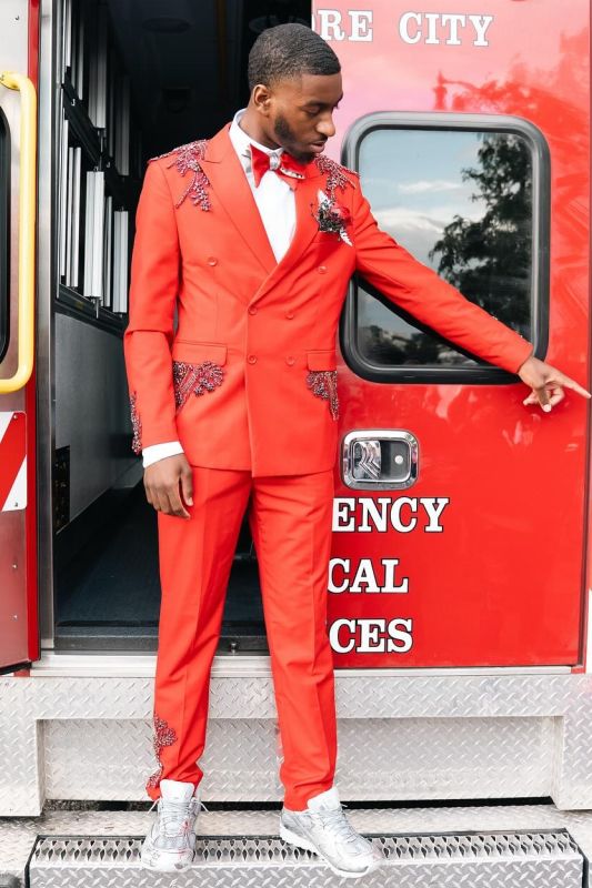 Isaac Fashion Red Peaked Lapel Double Breasted Prom Suits With Beading