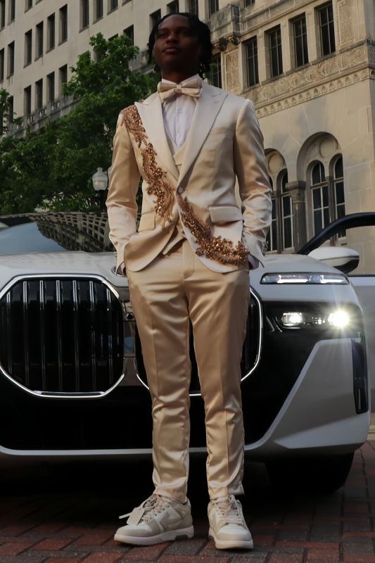 John Charming Champagne Satin Peaked Lapel Three Pieces Prom Suits With Beading