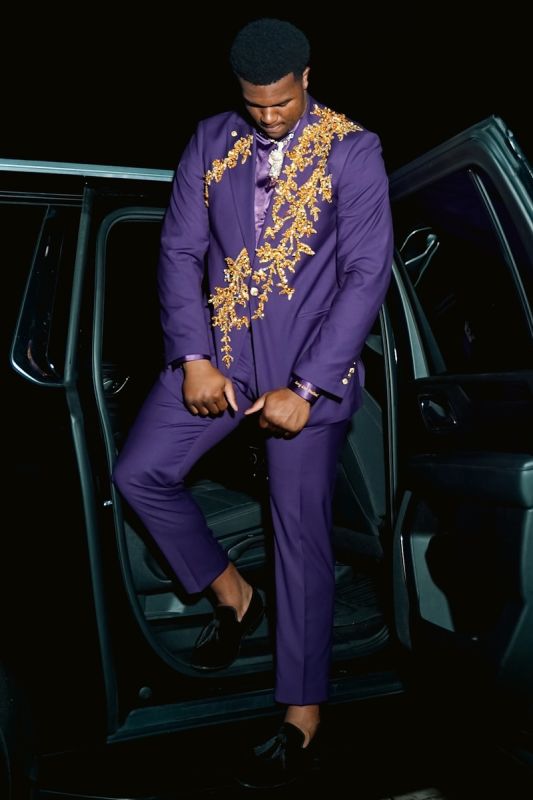 Jean Fancy Purple Peaked Lapel One Button Beading Prom Suits
