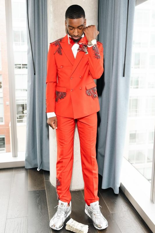 Isaac Fashion Red Peaked Lapel Double Breasted Prom Suits With Beading