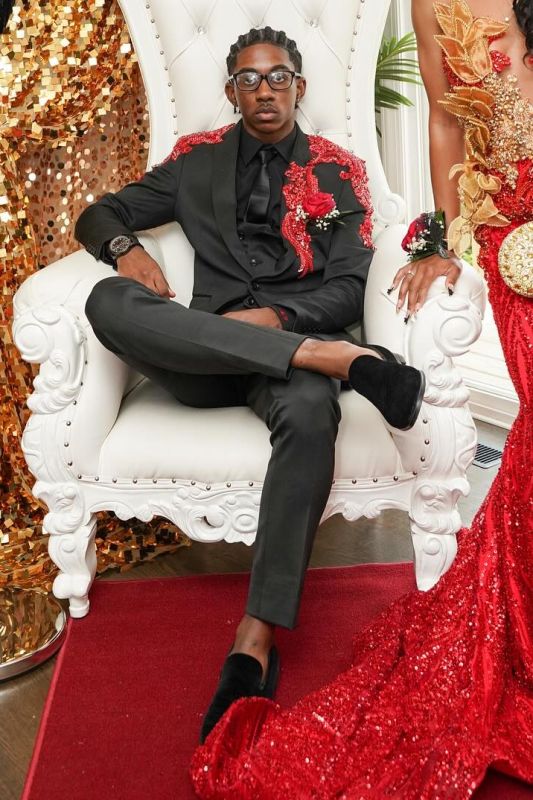 Isidore Fancy Black Notched Lapel Beading Prom Suits