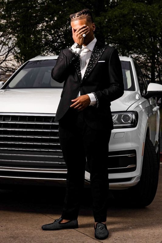 Joseph Gentle Black One Button Prom Suits With Beading Peaked Lapel