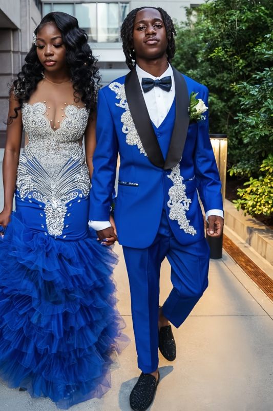 Jesse Bespoke Royal Blue Three Pieces Shawl Lapel Prom Suits With Beading