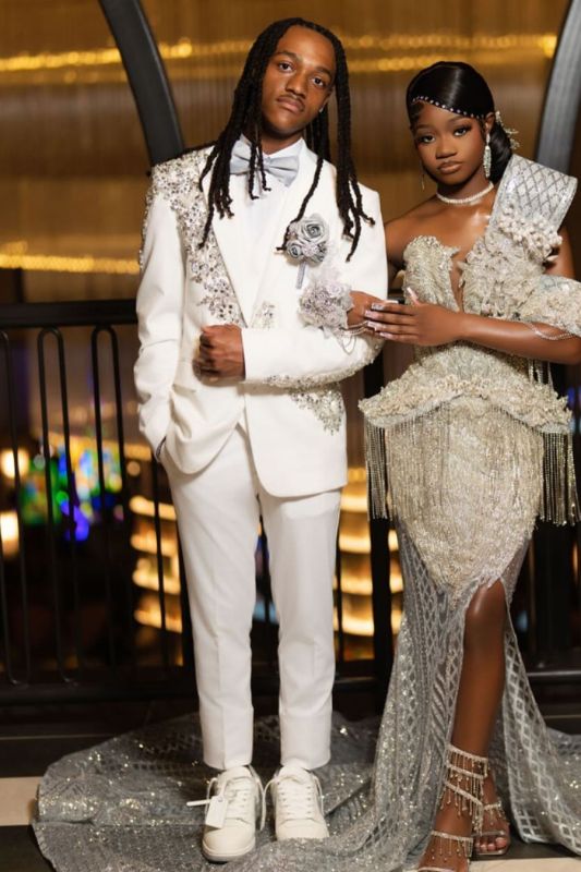 Jonathan Fancy White Notched Lapel Three Pieces Prom Suits With Beading