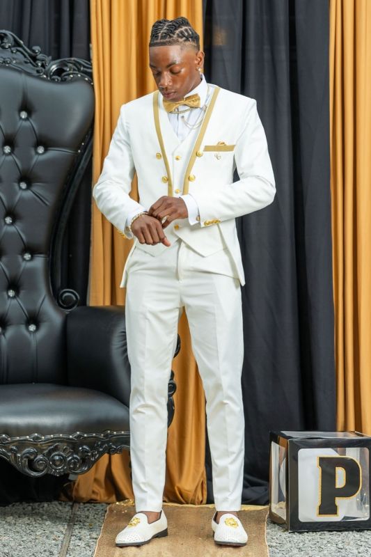 Jacky Bespoke White Three Pieces Golden Buttons Prom Suits