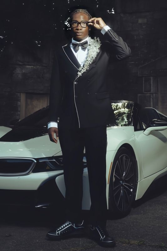 Joshua Special Black Double Breasted Prom Suits With Flowers