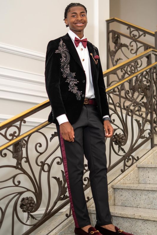 Ingemar Bespoke Black Velvet Peaked Lapel Beading Prom Suits
