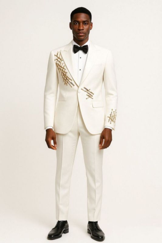 Knight Bespoke Off-White Peaked Lapel Prom Suits With Gold Decoration
