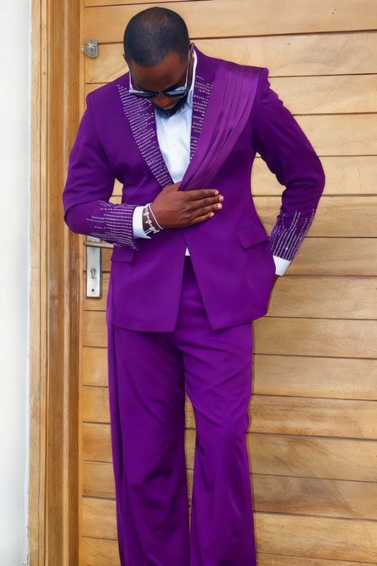 Kris Fancy Purple Peaked Lapel Long Sash Prom Suits With Crystal