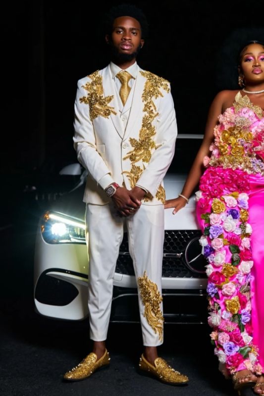 Kirk Generous White Shawl Lapel Three Pieces Beading Prom Suits