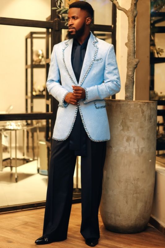 Lance Modern Sky Blue Jacquard Notched Lapel Beading Prom Suits