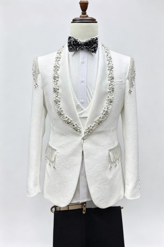 Lloyd Bespoke White Jacquard Three Pieces Beading Prom Suits