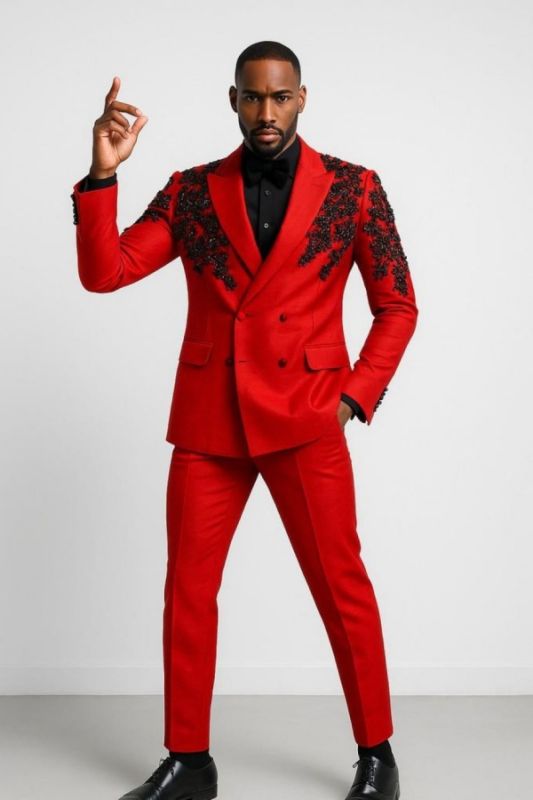 Larry Fashion Red Peaked Lapel Double Breasted Appliques Prom Suits