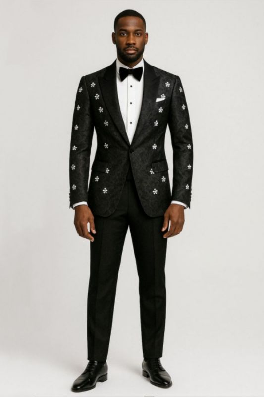 Lennon Handsome Black Jacquard One Button Prom Suits With Crystal