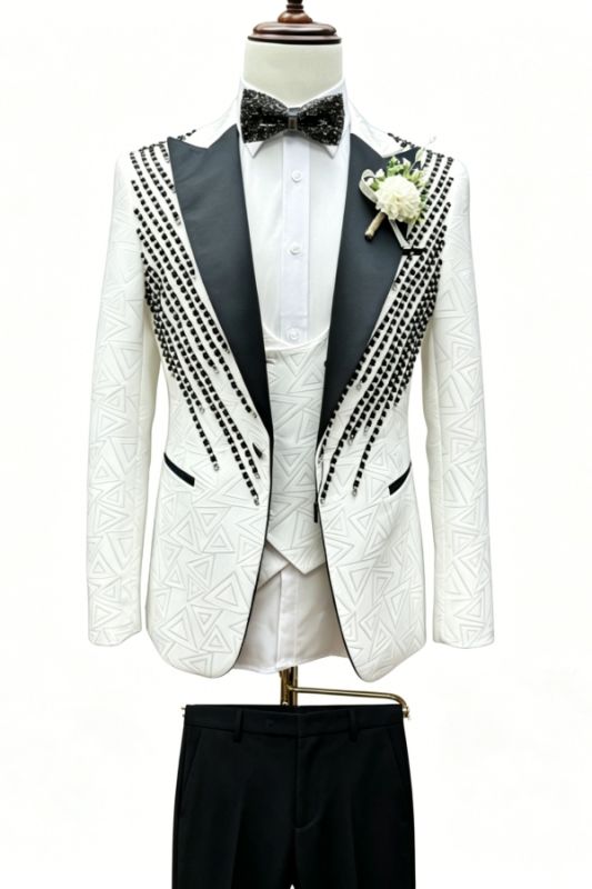 Lucas Fancy White Jacquard Peaked Lapel Three Pieces Beading Prom Suits