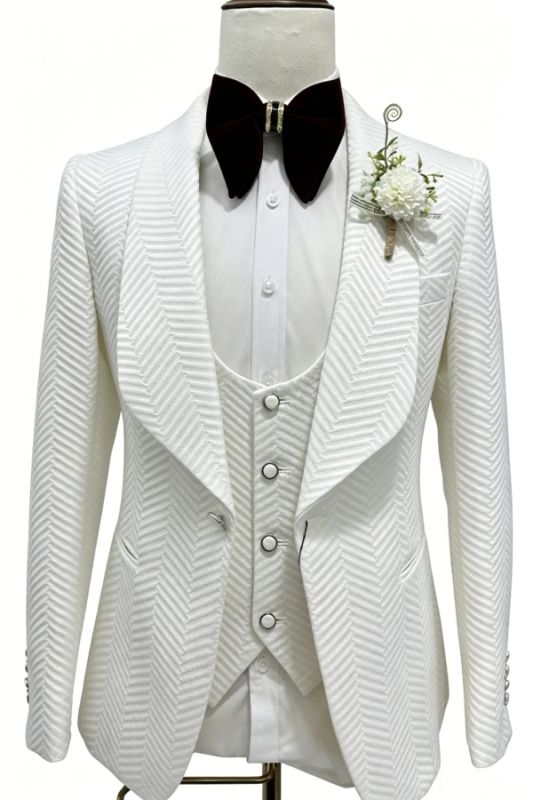 Luther Mind White Jacquard Shawl Lapel Three Pieces Wedding Suits