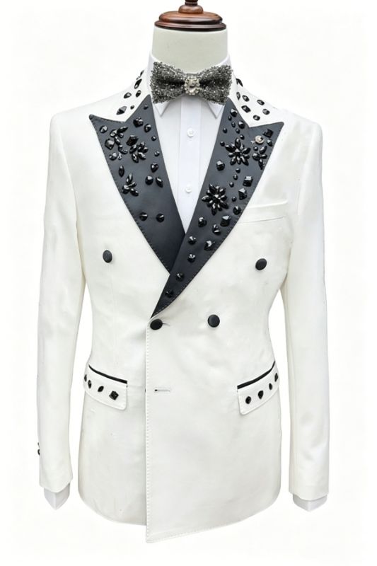 Mandel Fancy White Double Breasted Prom Suits With Black Beading Lapel