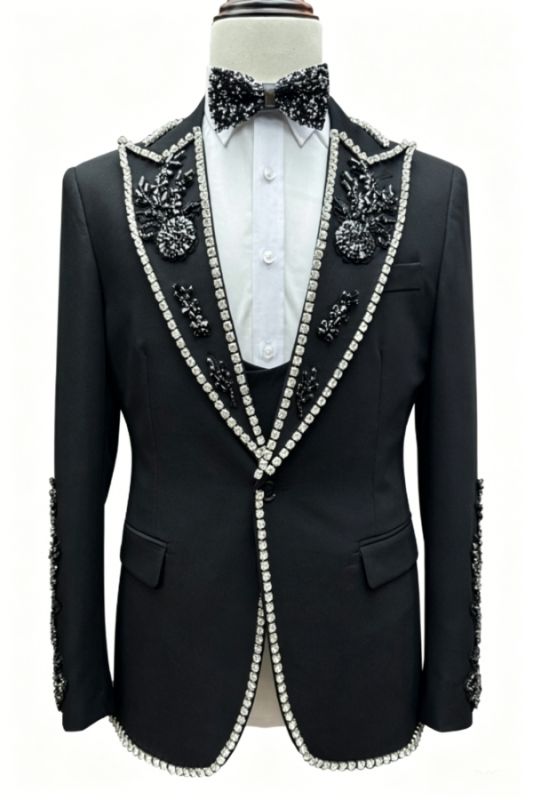 Louis Fashion Black Peaked Lapel Three Pieces Prom Suits With Beading