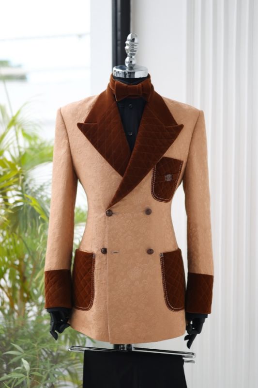Mark Elegant Light Caramel Jacquard Double Breasted Prom Suits With Velvet Lapel