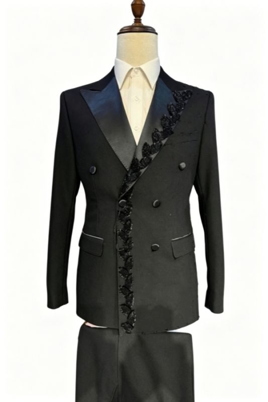 Magee Chic Black Double Breasted Prom Suits With Appliques