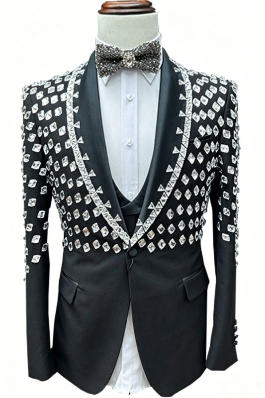 Marcus Generous Black Shawl Lapel Three Pieces Prom Suits With Crystal