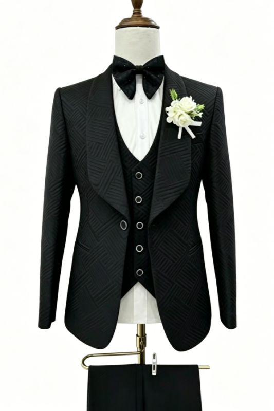 Lyle Handsome Black Shawl Lapel Three Pieces Jacquard Prom Suits