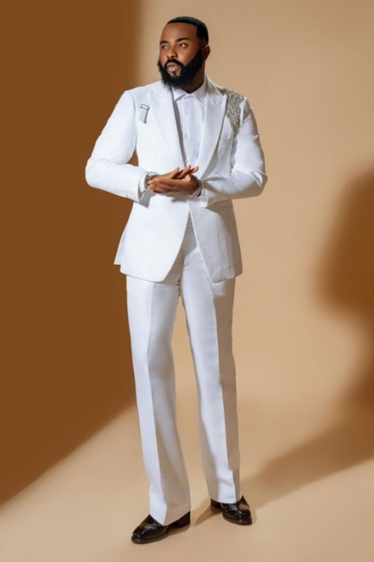 Len Gentle White Peaked Lapel One Button Appliques Prom Suits