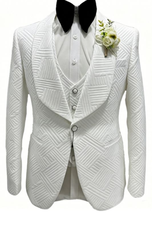 Lyndon Wonderful White Shawl Lapel Jacquard Three Pieces Prom Suits