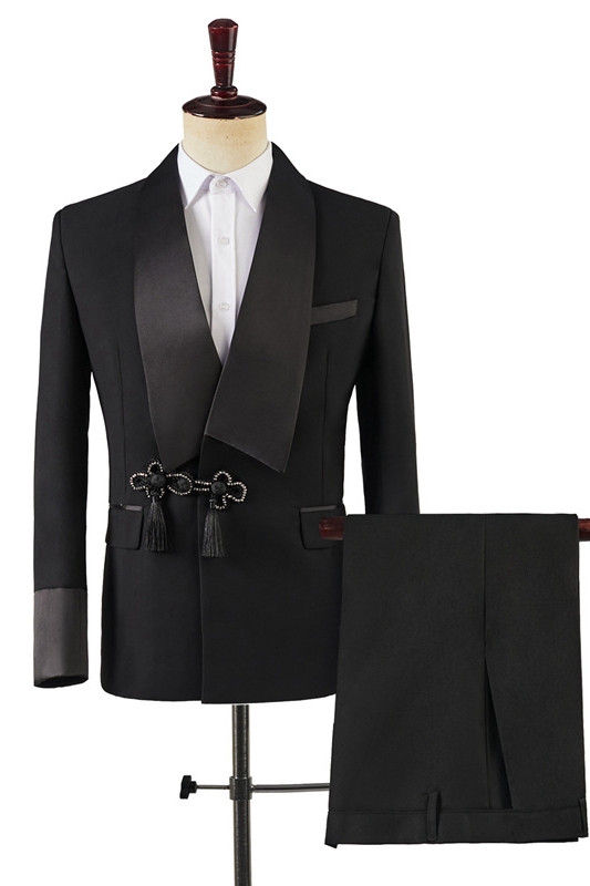 Leo Simple Black Frog Button Prom Suits With Satin Shawl Lapel